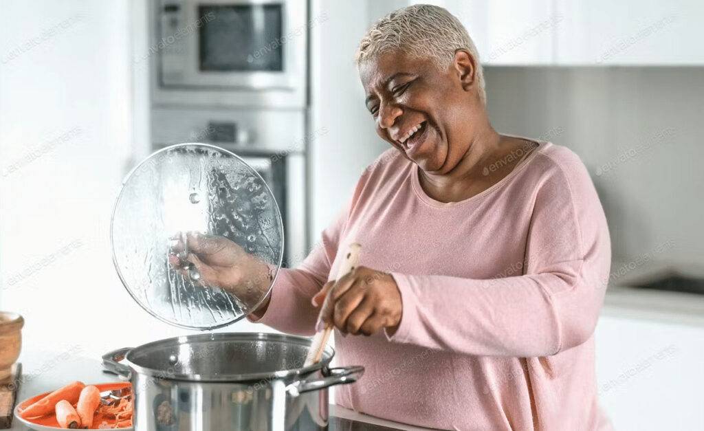 Woman joyfully cooking