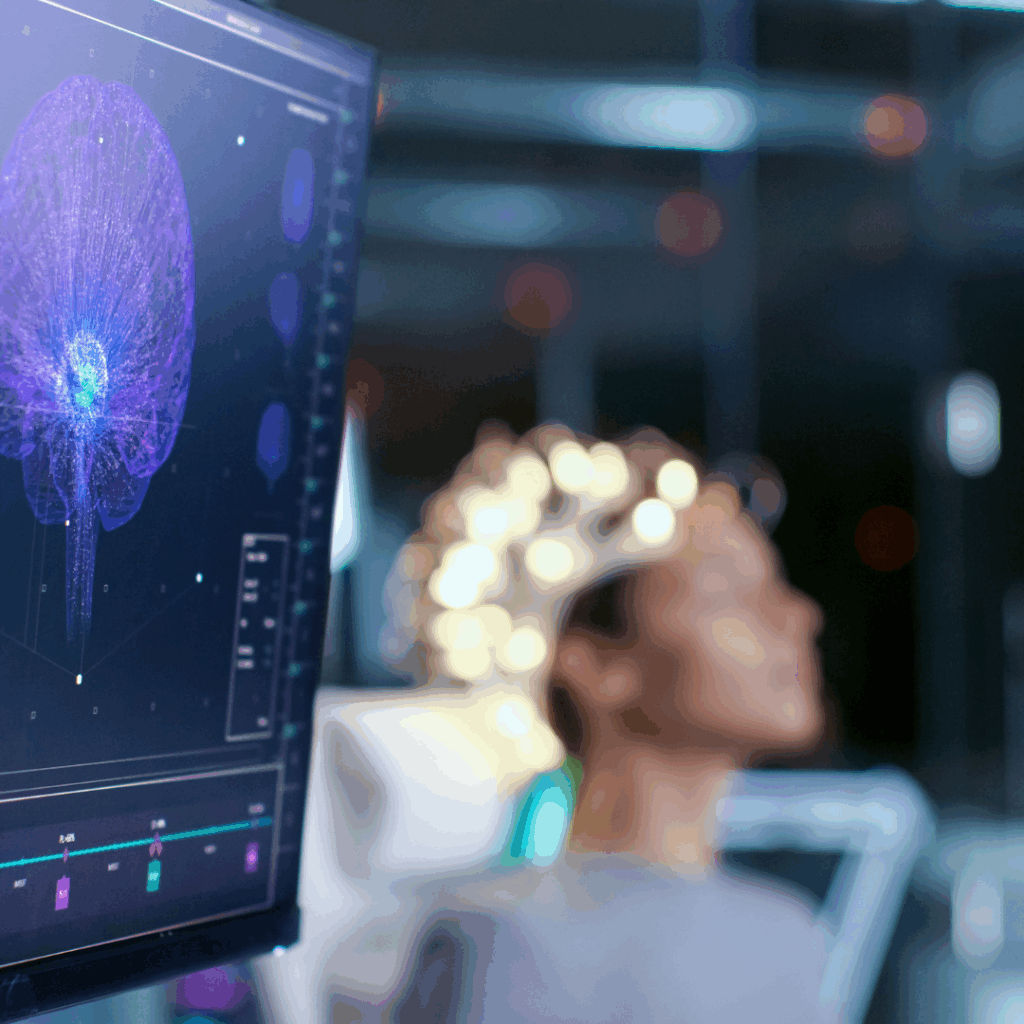 A person sits with eyes closed wearing an EEG cap with glowing electrodes on their head, used to measure brain activity. In the foreground, a computer screen displays a 3D visualization of the brain and EEG data patterns.