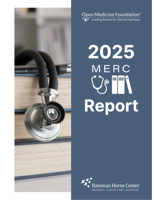Cover of the 2025 MERC report, featuring the OMF, BHC, and MERC logos. On the left side is a photo of a stethoscope draped over a stack of books.